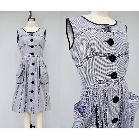 50s 60s Checkered Floral Dress LARGE POCKETS Pleated Pin Up Rockabilly S M - Picture 1 of 10